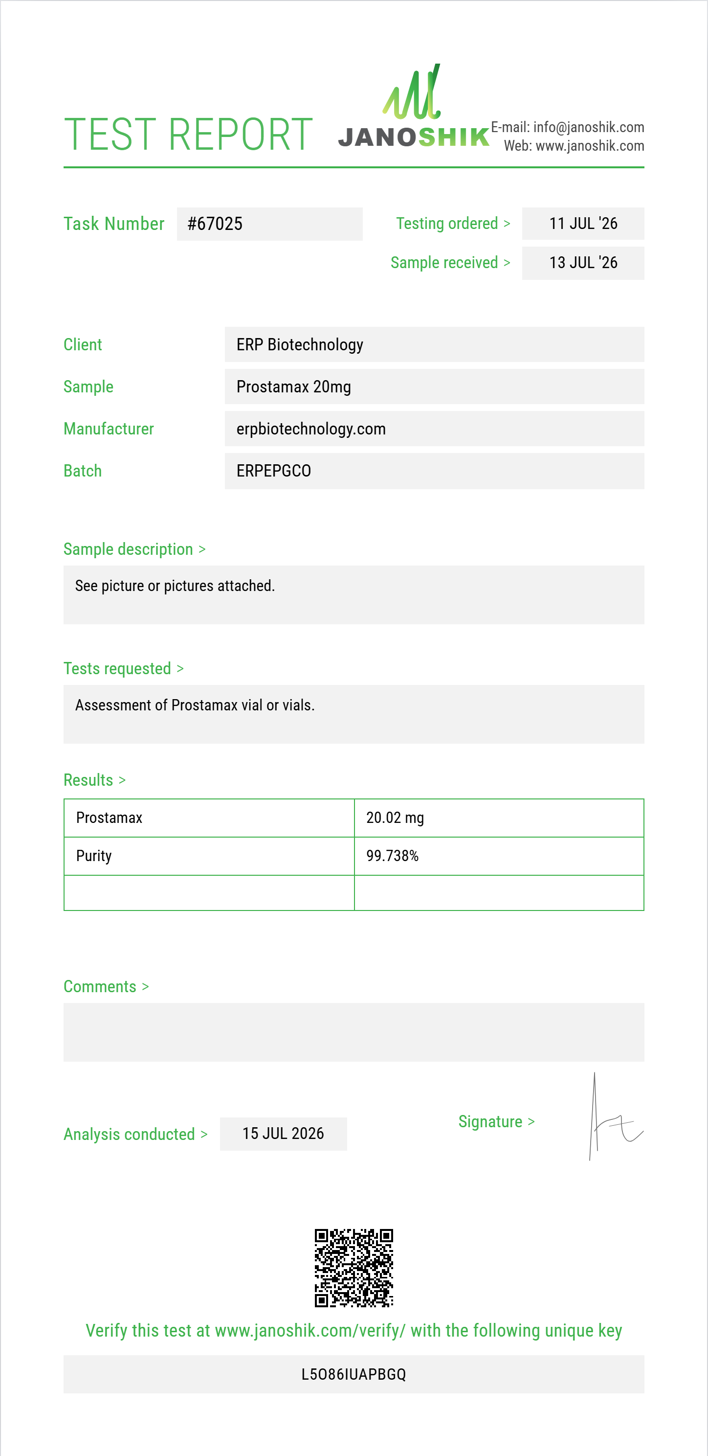 Prostamax Purity (HPLC) report by Janoshik Analytical