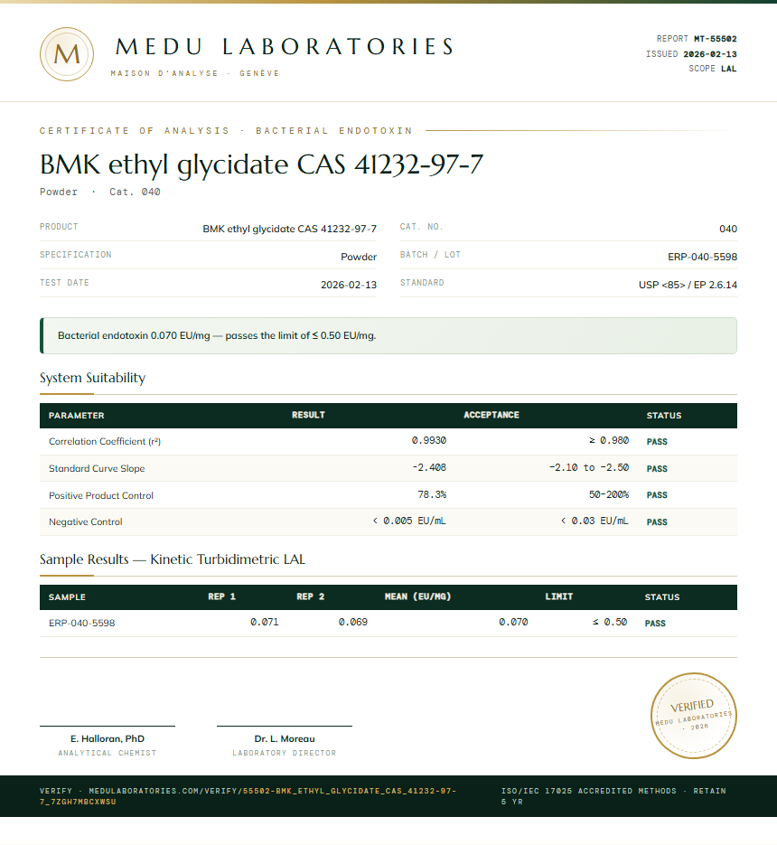 BMK ethyl glycidate CAS 41232-97-7 Endotoxin report by Medu Laboratories