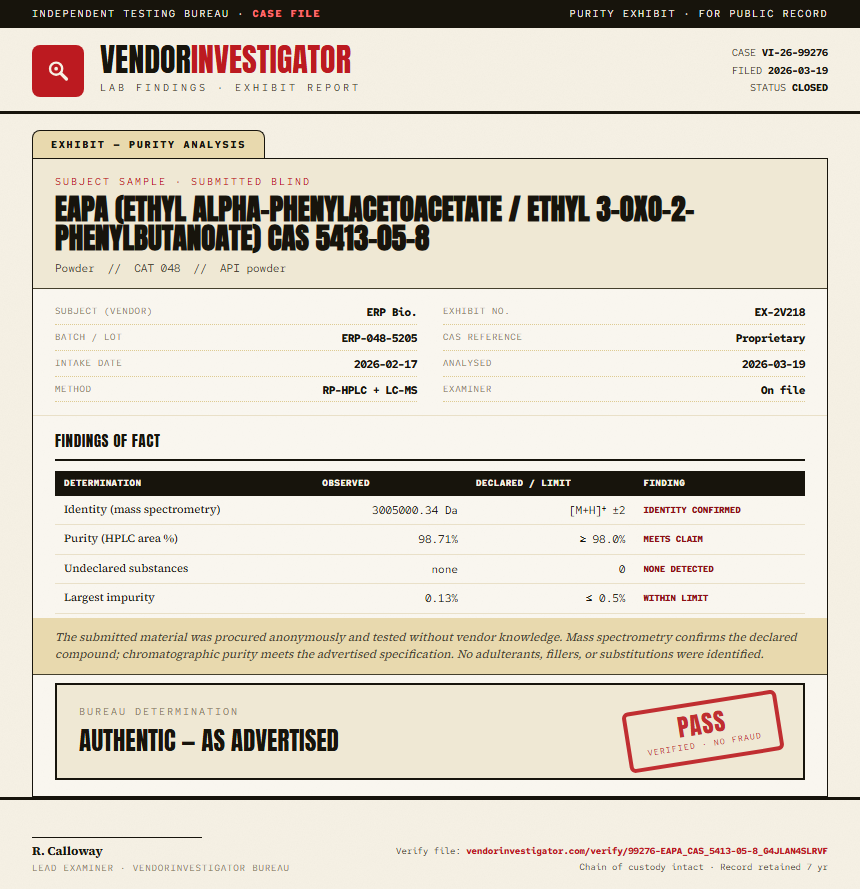 EAPA (ethyl alpha-phenylacetoacetate / ethyl 3-oxo-2-phenylbutanoate) CAS 5413-05-8 Purity (HPLC) report by VendorInvestigator