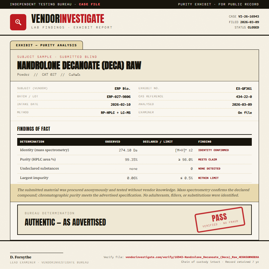 Nandrolone Decanoate (Deca) Raw Purity (HPLC) report by VendorInvestigate