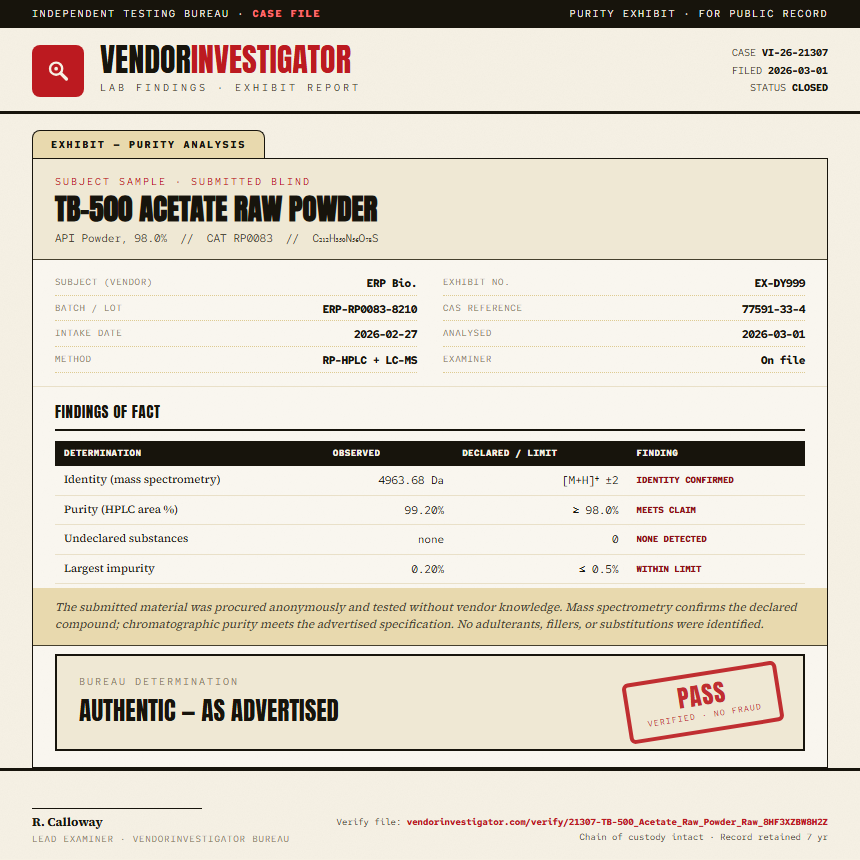 TB-500 Acetate Raw Powder Purity (HPLC) report by VendorInvestigator