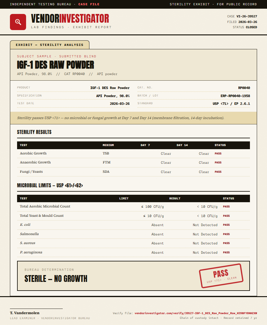 IGF-1 DES Raw Powder Sterility report by VendorInvestigator